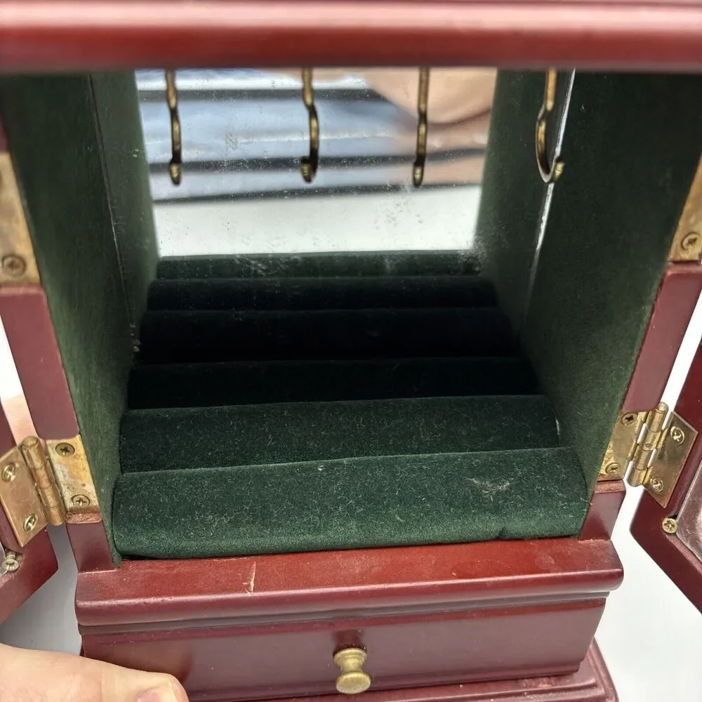 Vintage Wooden Jewelry Cabinet With Glass-like Doors & Drawer